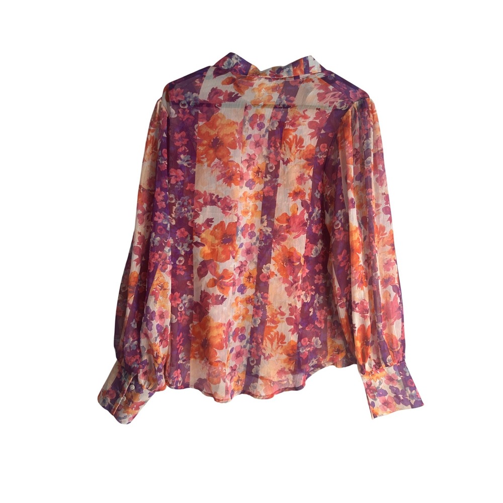 Easy Clothes Floral Button Down Blouse Purple Orange Sheer Balloon Sleeve Large